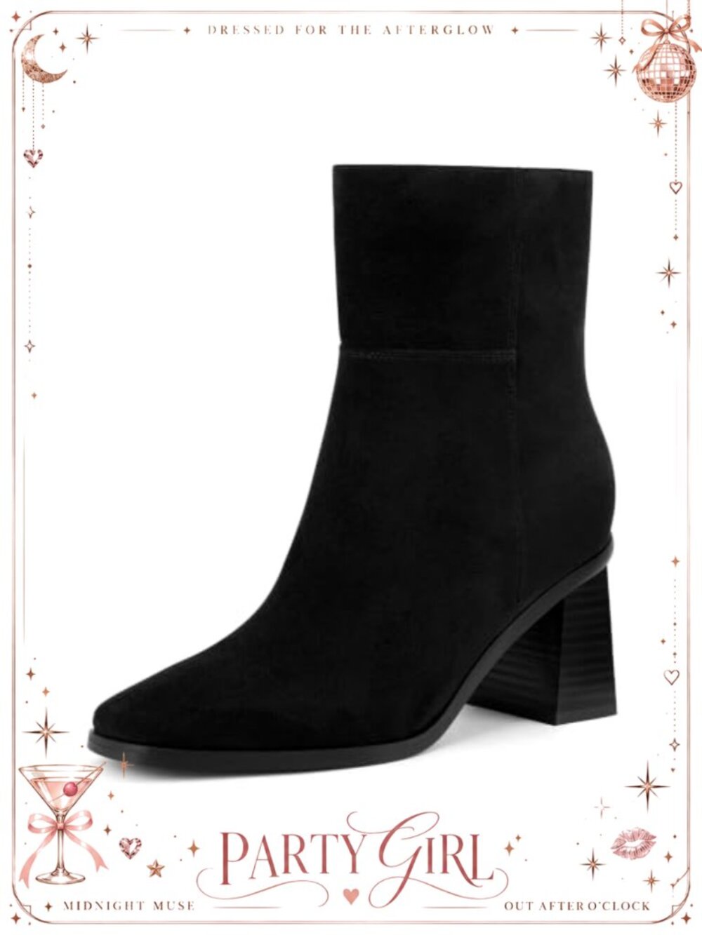 Square Toe Ankle Booties Block Low Heel Faux Suede Side Zip Dress Boots